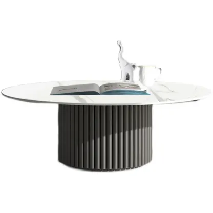 Modern White Stone Round Coffee Table with Iron Stump Base Image - 6