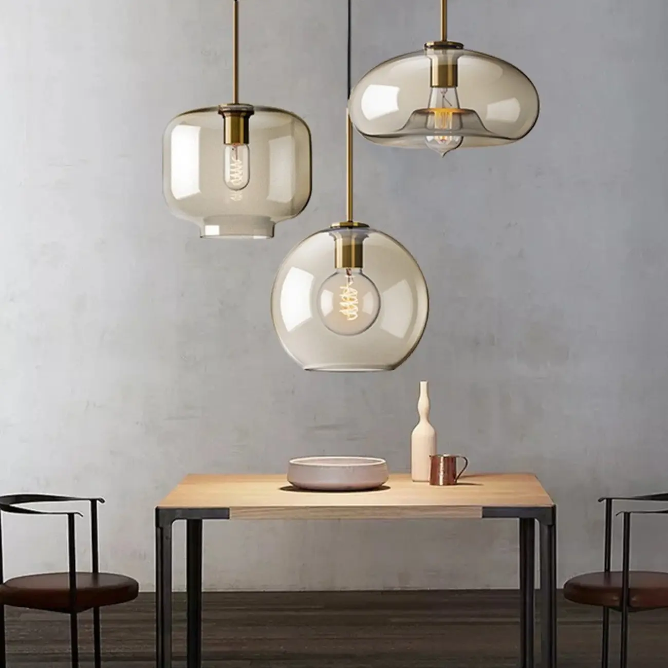 Simplistic Glass and Metal Cognac Globe Hanging Pendant Light  Image - 1 | homeyfad