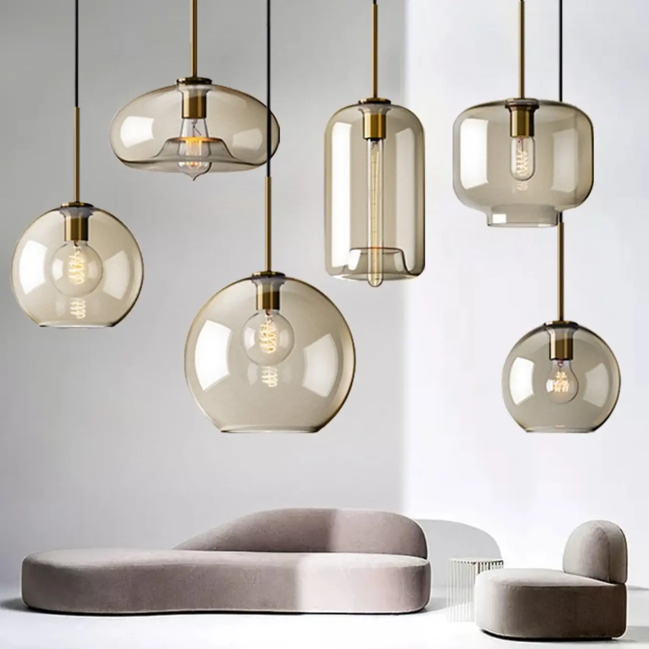 Simplistic Glass and Metal Cognac Globe Hanging Pendant Light  Image - 2 | homeyfad