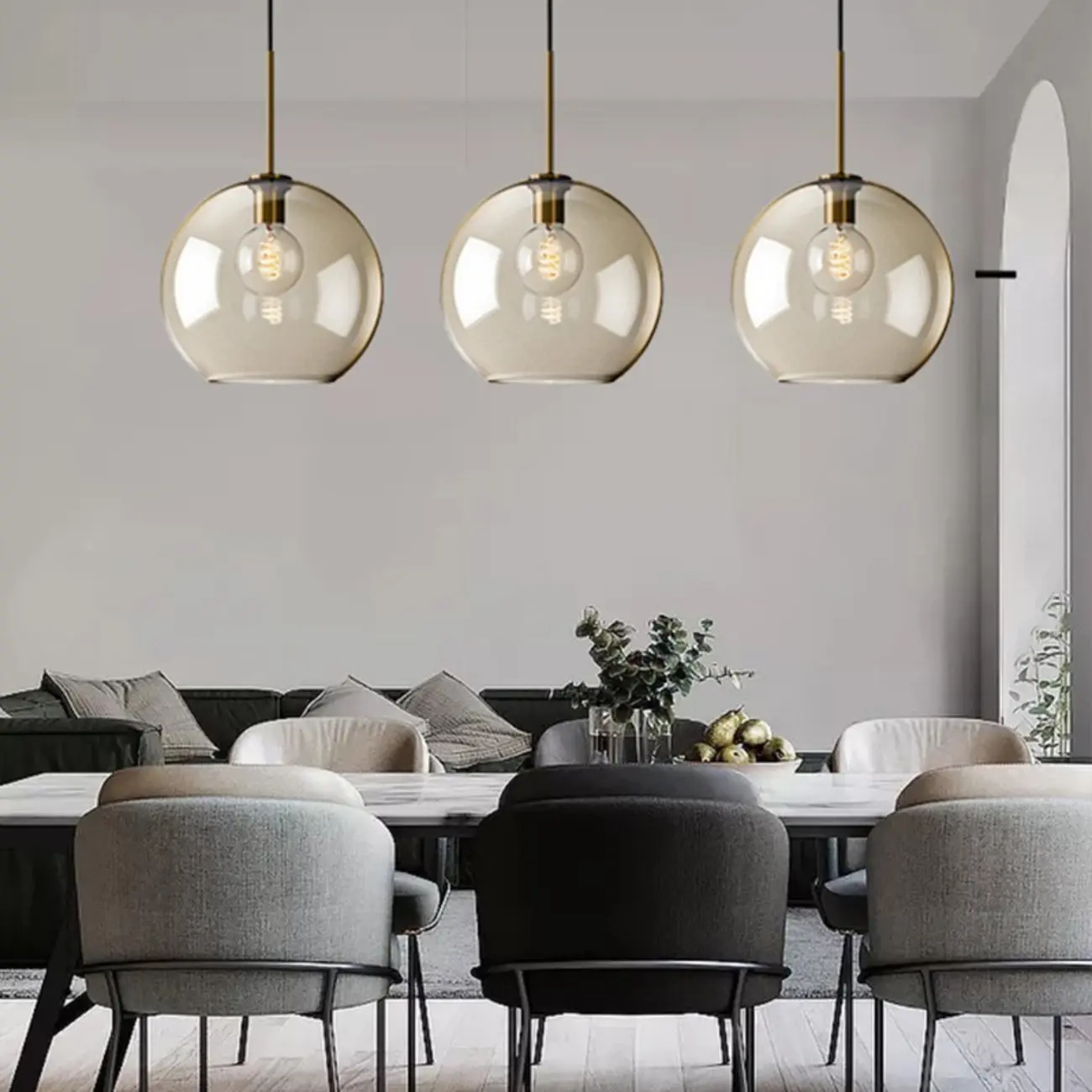 Simplistic Glass and Metal Cognac Globe Hanging Pendant Light  Image - 4 | homeyfad