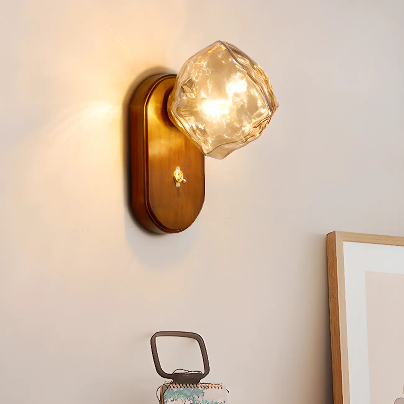 Simple Unique Glass Shade Walnut Oval Wall Sconce Image - 1 | homeyfad