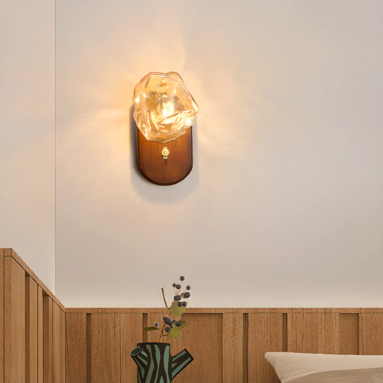 Simple Unique Glass Shade Walnut Oval Wall Sconce Image - 4 | homeyfad