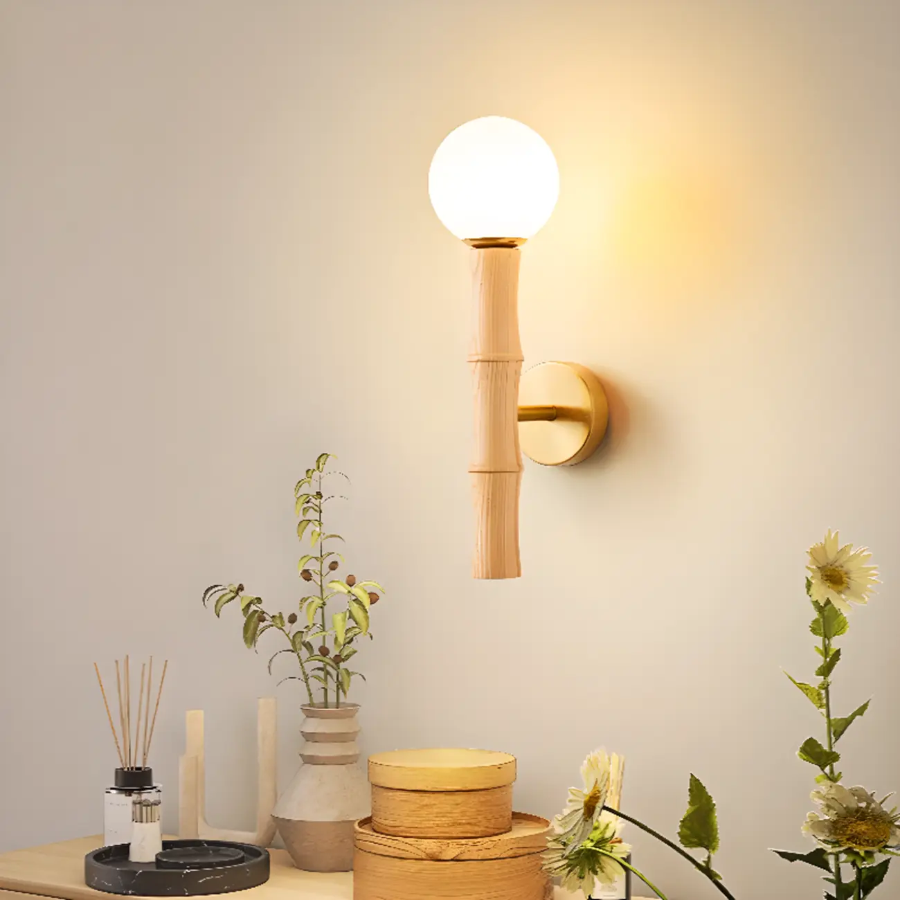 Modern Bamboo Wall Light with Glass Shade for Interior Decor Image - 1 | homeyfad