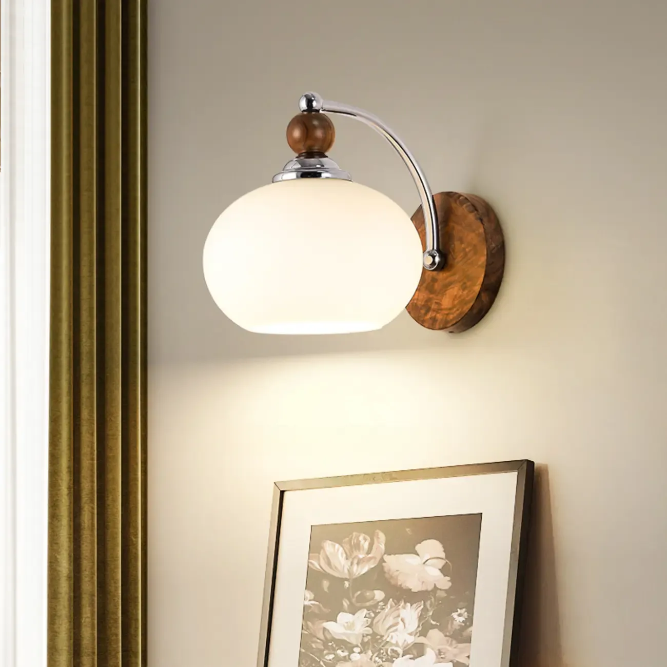  Milk Glass Drum Down Wall Sconce with Lumber and Metal Fixture Image - 1
