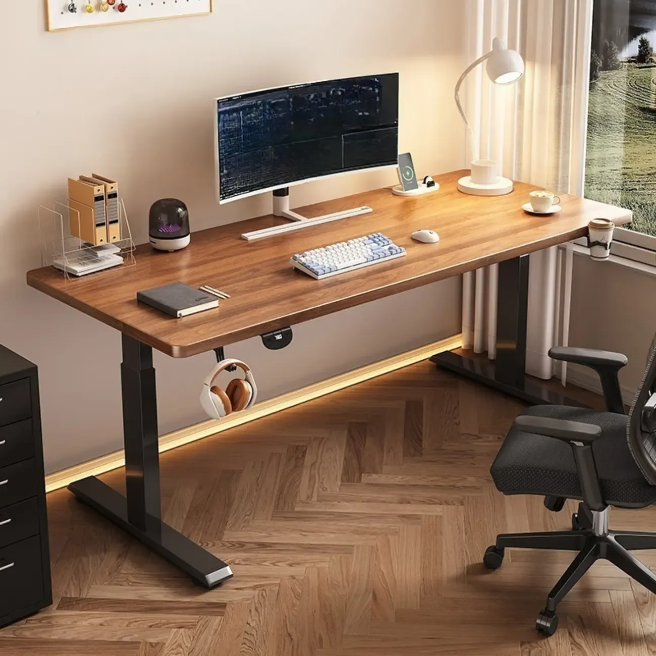 Industrial Walnut Wooden Adjustable Standing Office Desk Image - 1