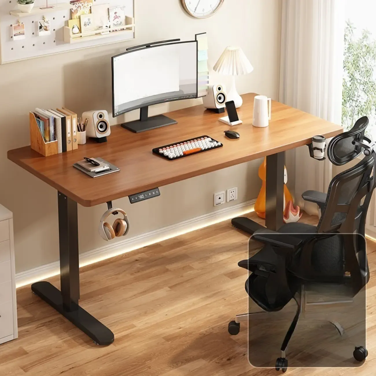 Industrial Walnut Wooden Adjustable Standing Office Desk Image - 2