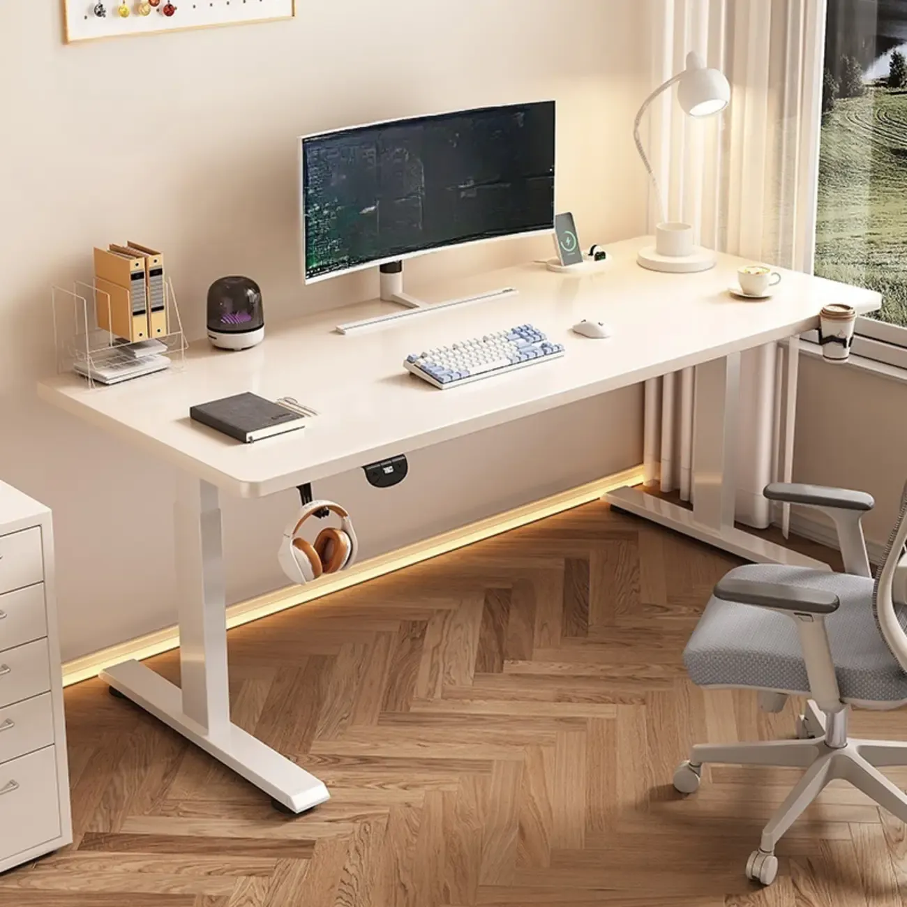 Industrial Walnut Wooden Adjustable Standing Office Desk Image - 3