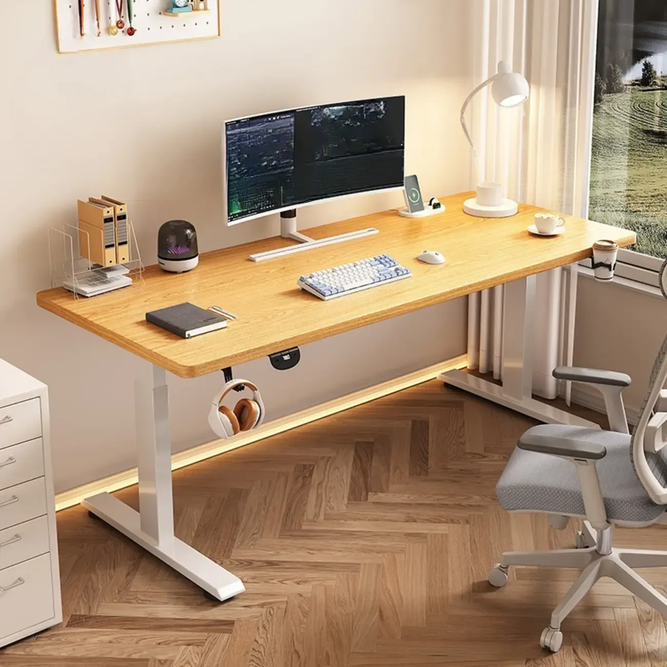 Industrial Walnut Wooden Adjustable Standing Office Desk Image - 5