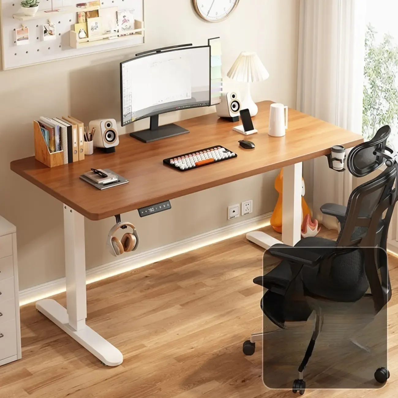 Industrial Walnut Wooden Adjustable Standing Office Desk Image - 9