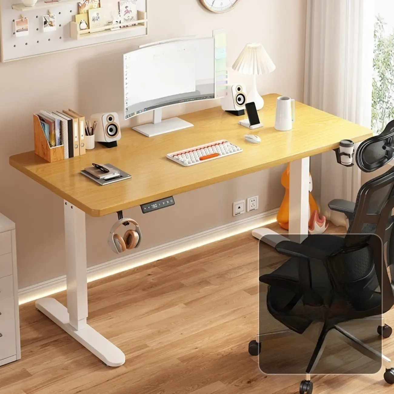Industrial Walnut Wooden Adjustable Standing Office Desk Image - 13