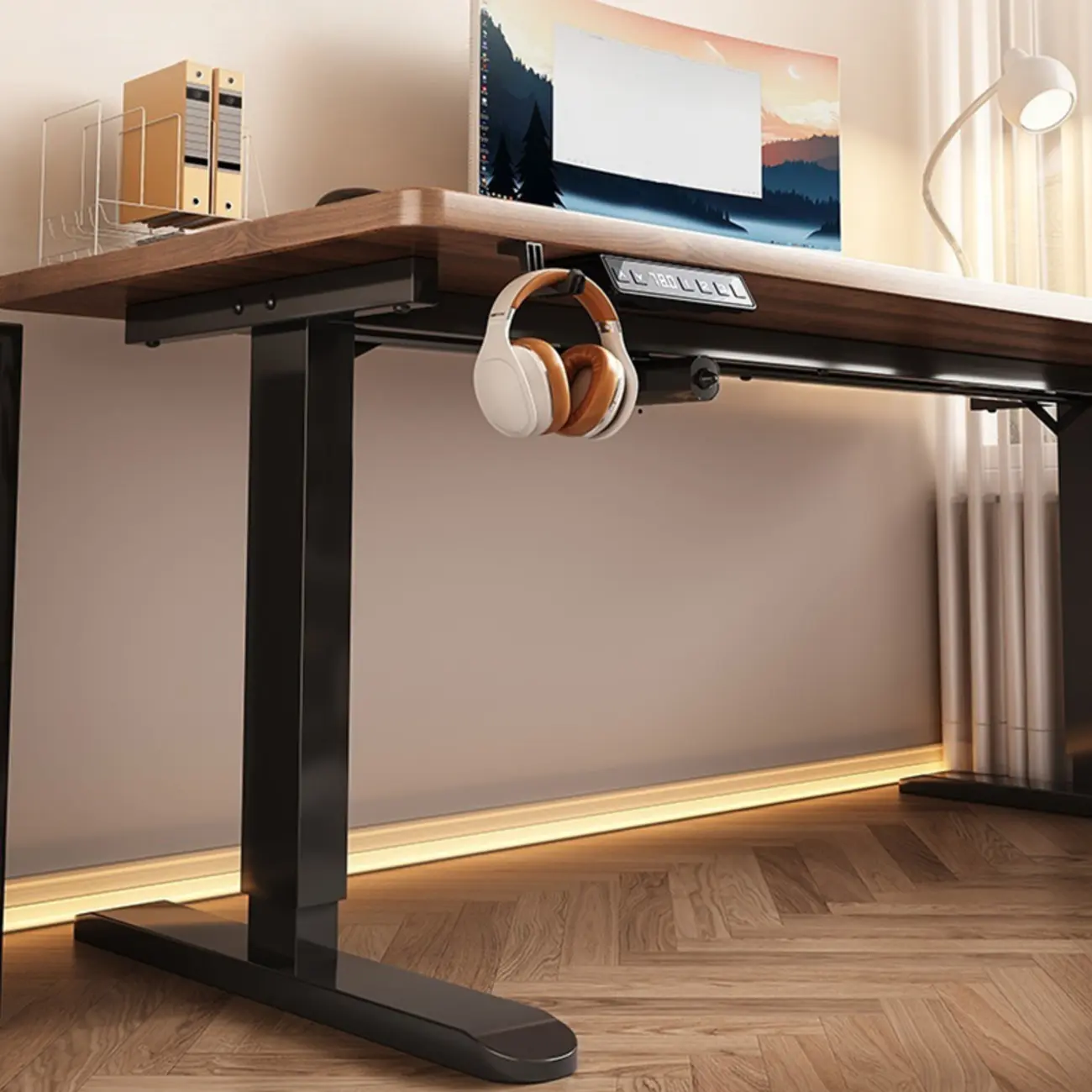 Industrial Walnut Wooden Adjustable Standing Office Desk Image - 17 | homeyfad