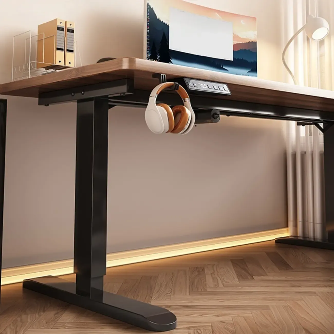 Industrial Walnut Wooden Adjustable Standing Office Desk Image - 17