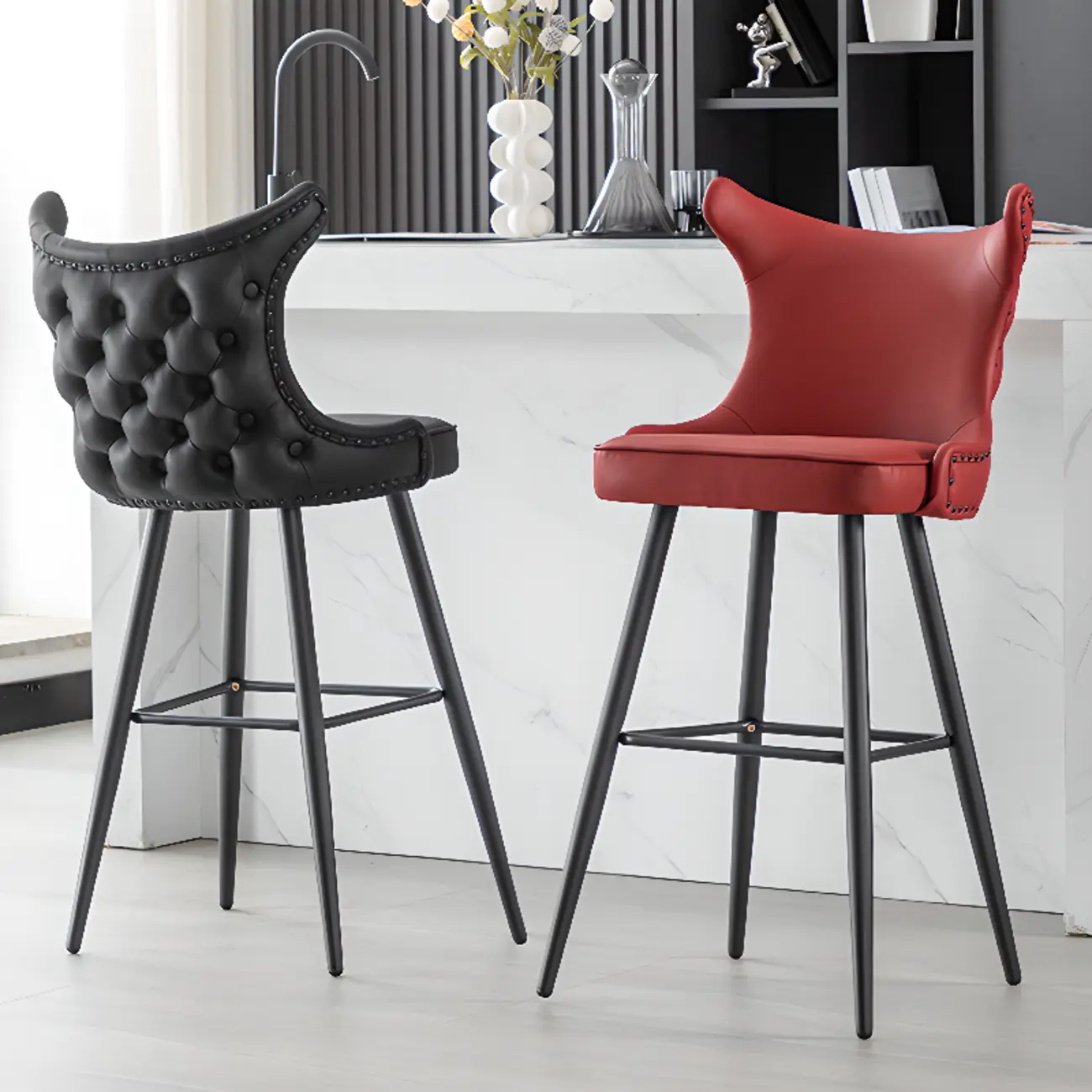 Tufted Four Legs Leather Wingback Counter Bar Stools Image - 1 | homeyfad