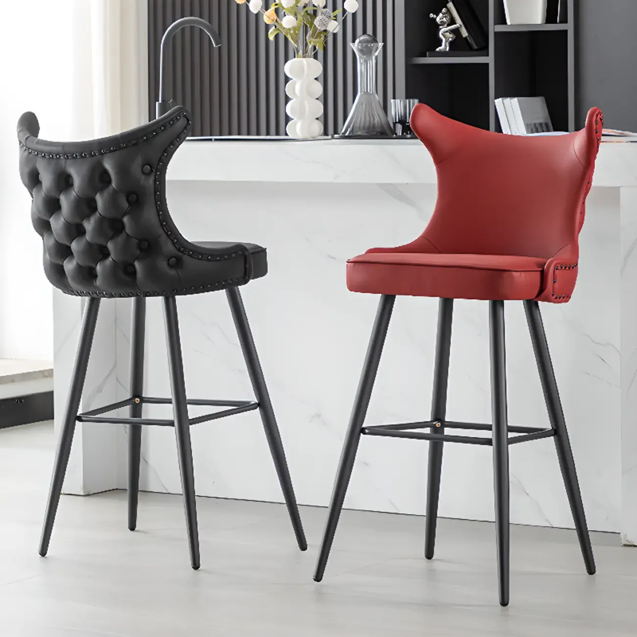 Tufted Four Legs Leather Wingback Counter Bar Stools Image - 1