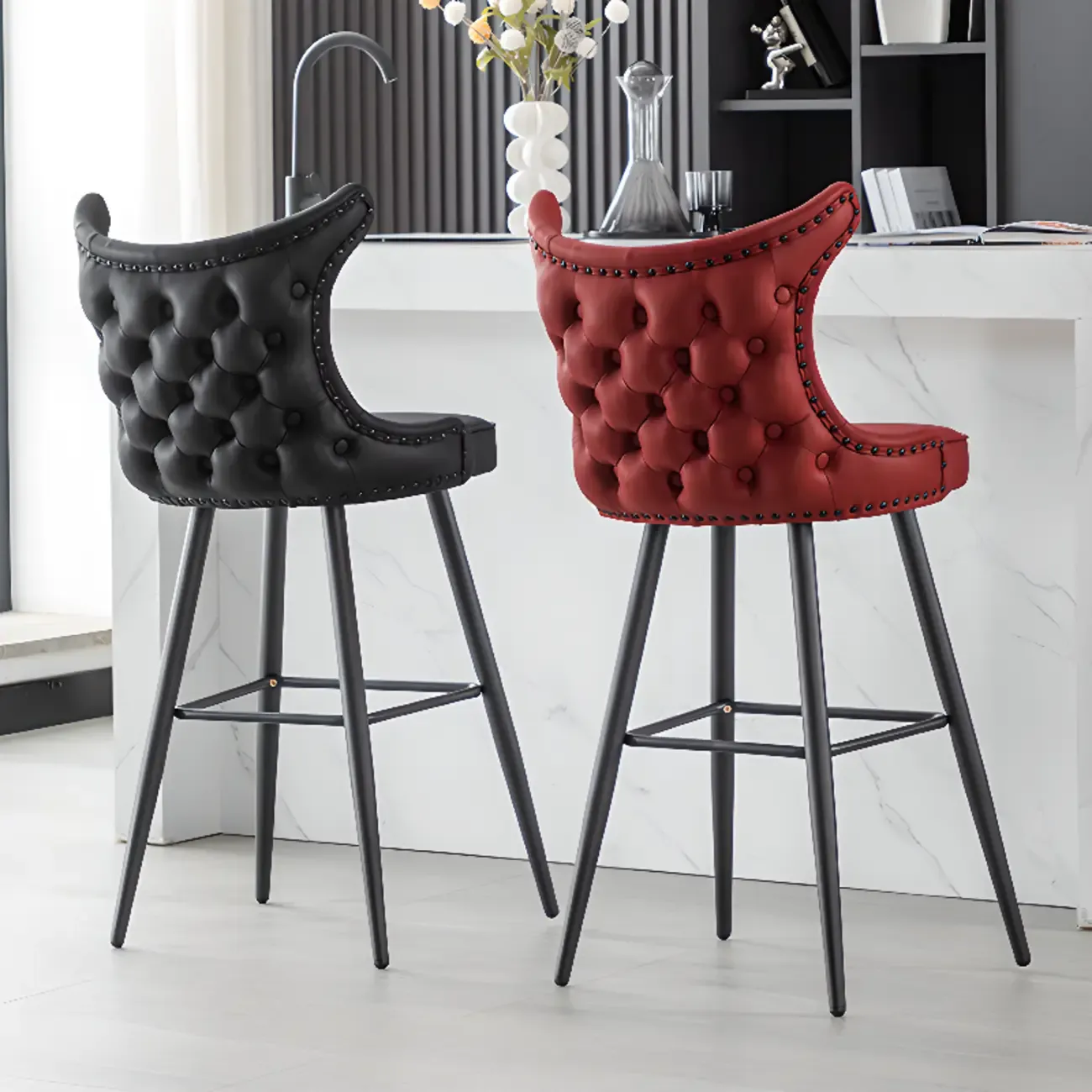 Tufted Four Legs Leather Wingback Counter Bar Stools Image - 2