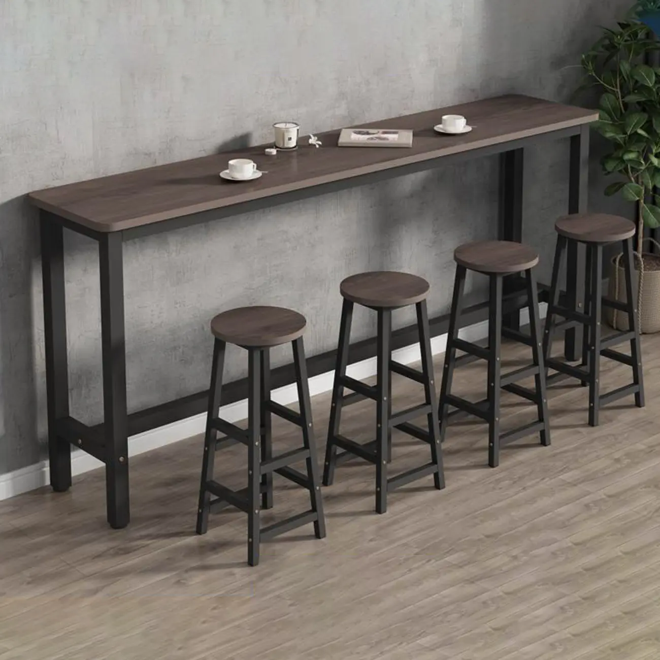 Simple Metal Leg Wooden Fixed Top Bar Table in Brown for Pub Image - 1 | homeyfad