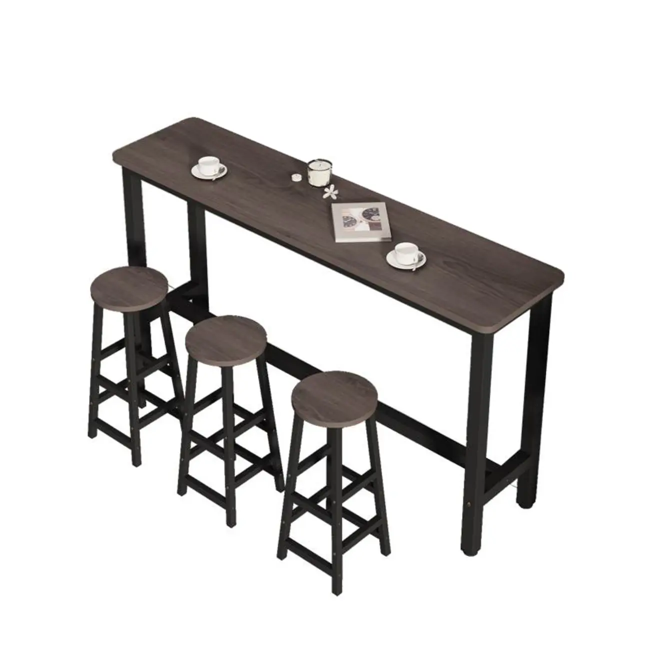 Simple Metal Leg Wooden Fixed Top Bar Table in Brown for Pub Image - 2 | homeyfad