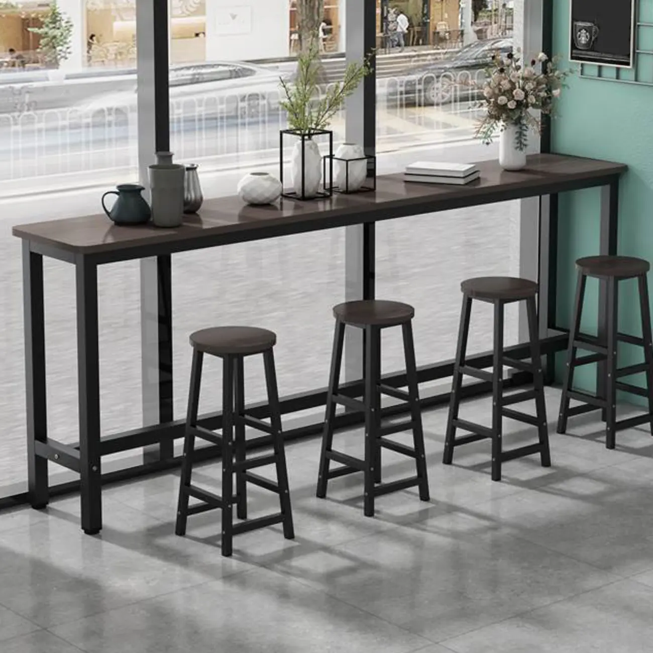 Simple Metal Leg Wooden Fixed Top Bar Table in Brown for Pub Image - 5 | homeyfad