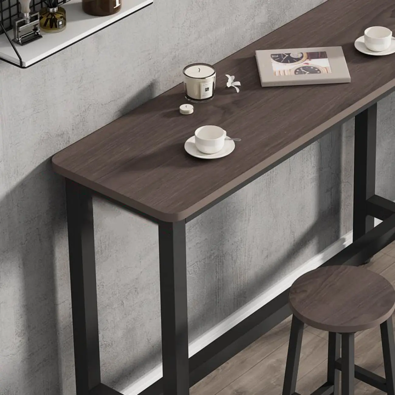 Simple Metal Leg Wooden Fixed Top Bar Table in Brown for Pub Image - 6 | homeyfad