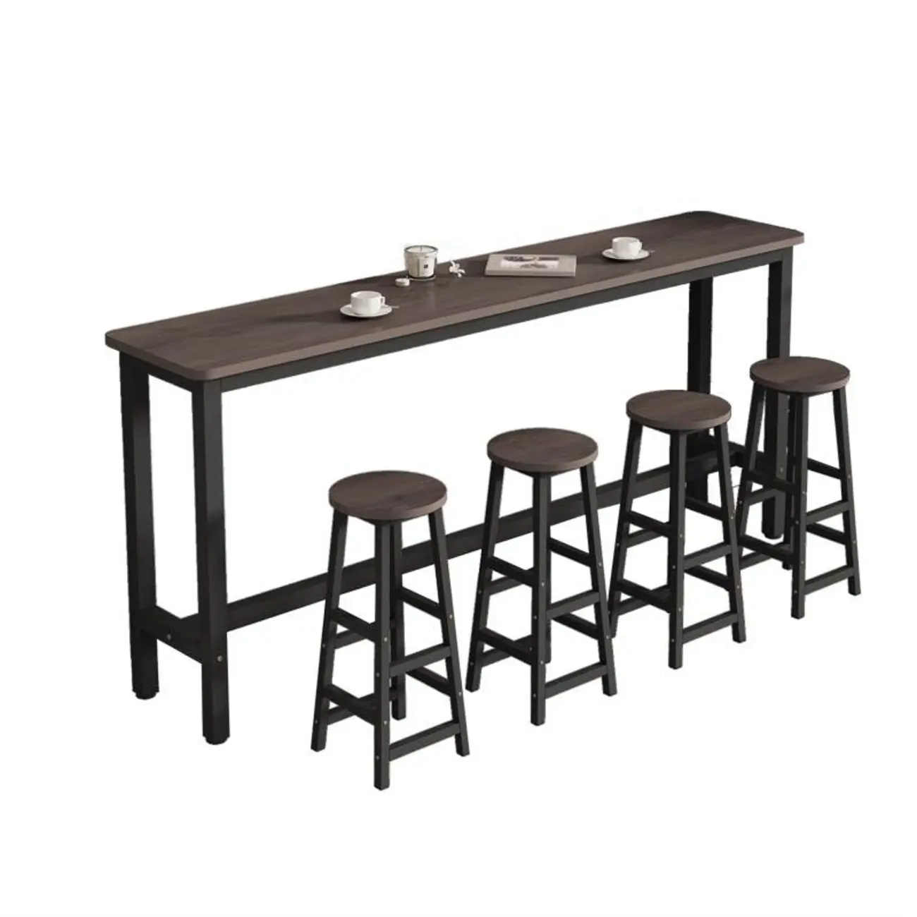 Simple Metal Leg Wooden Fixed Top Bar Table in Brown for Pub Image - 7 | homeyfad