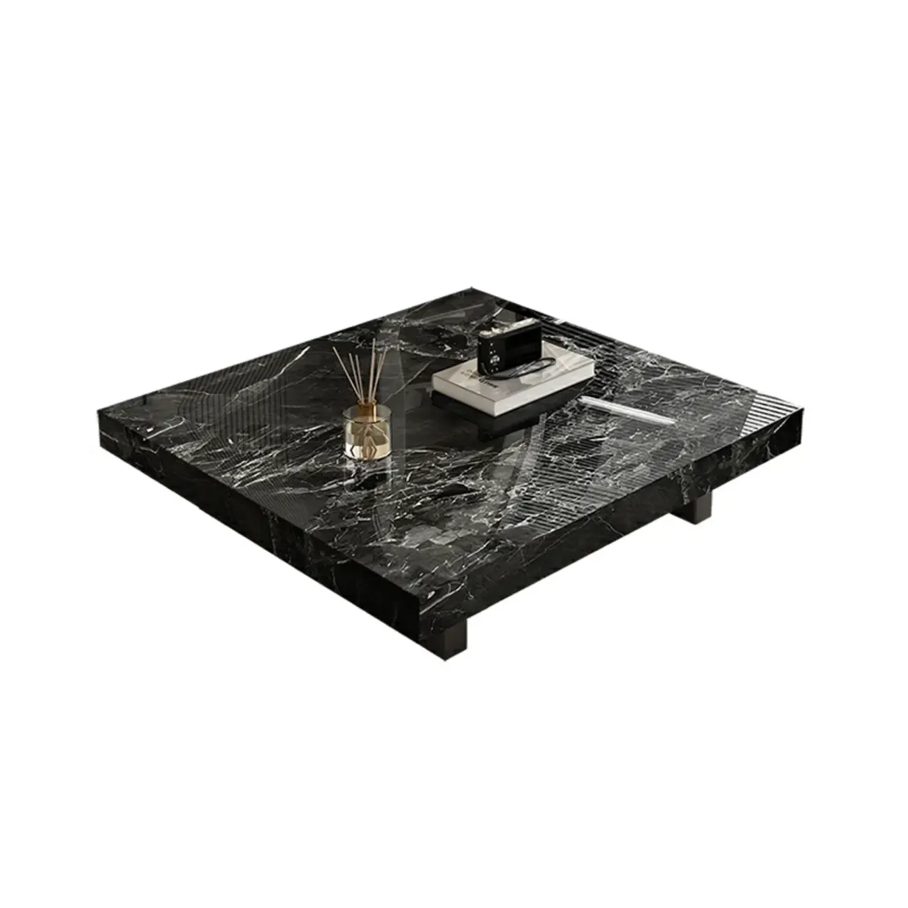 Modern Beige Stone Square Sleigh Base Coffee Table Image - 5