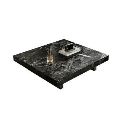 Modern Beige Stone Square Sleigh Base Coffee Table Image - 5