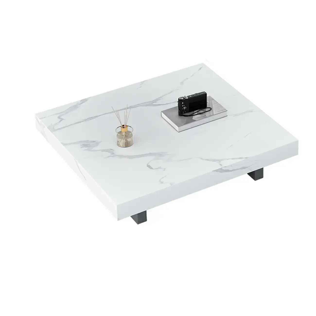Modern Beige Stone Square Sleigh Base Coffee Table Image - 7