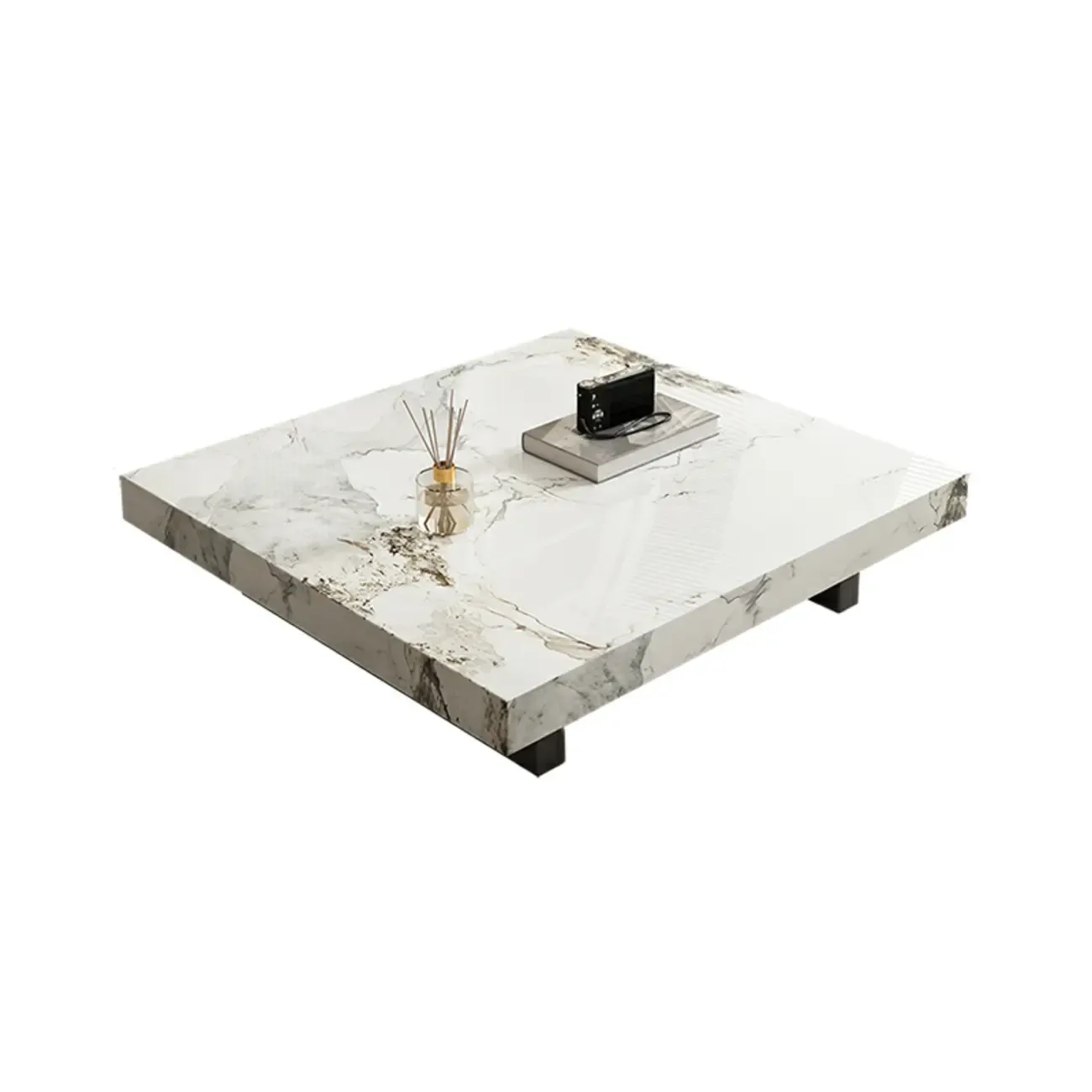 Modern Beige Stone Square Sleigh Base Coffee Table Image - 8