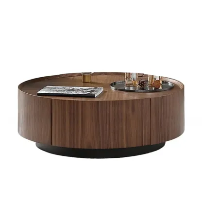 Round Wooden and Abstract Metal Coffee Table with Drawer Image - 7