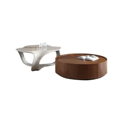 Round Wooden and Abstract Metal Coffee Table with Drawer Image - 9