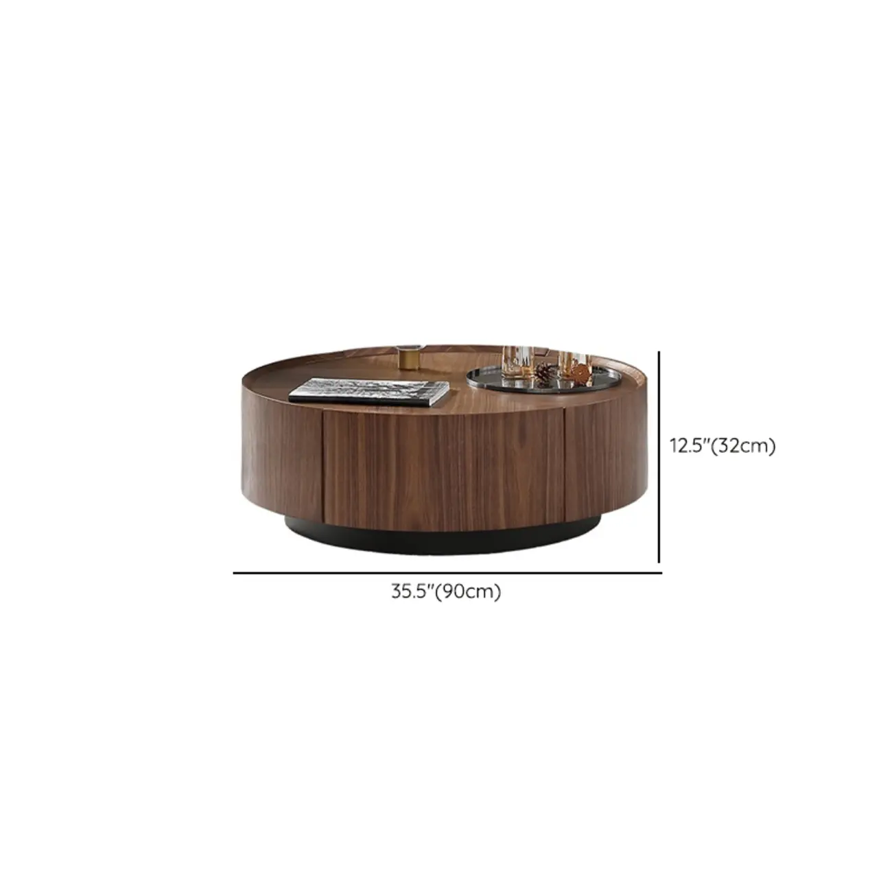 Round Wooden and Abstract Metal Coffee Table with Drawer #size | homeyfad