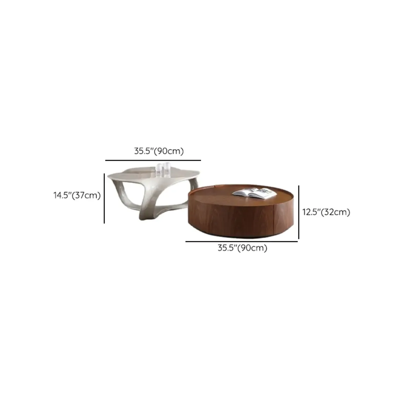Round Wooden and Abstract Metal Coffee Table with Drawer Image - 15