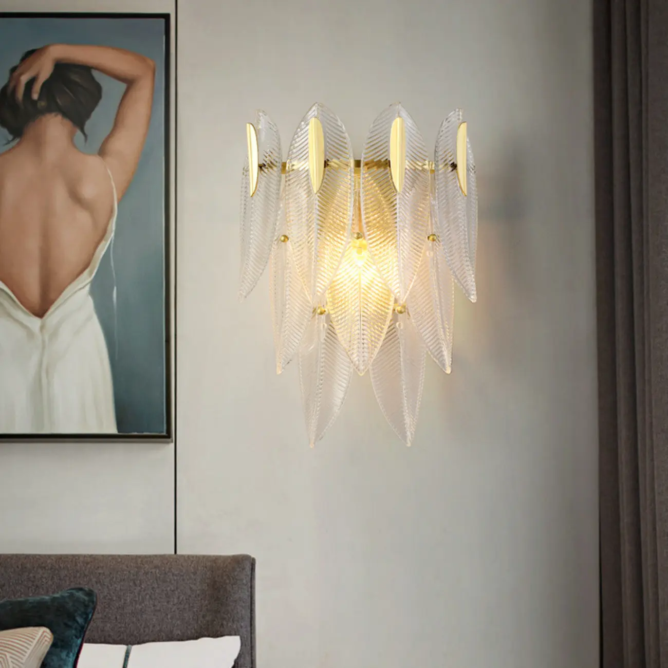 Modern 2-Light Tiered Wall Sconce with Glass Leaves & LED Image - 3 | homeyfad