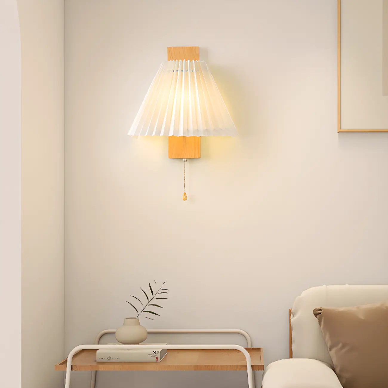 Modern Wooden Wall Light with Pleated Shade for Home Image - 5 | homeyfad