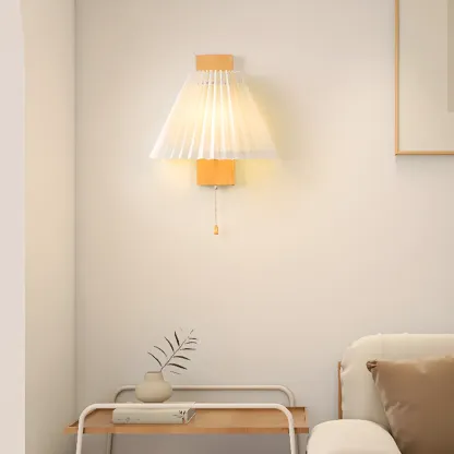 Modern Wooden Wall Light with Pleated Shade for Home Image - 5