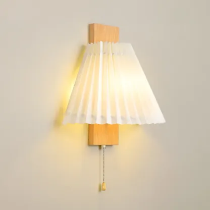 Modern Wooden Wall Light with Pleated Shade for Home Image - 3