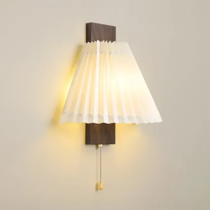 Modern Wooden Wall Light with Pleated Shade for Home Image - 2