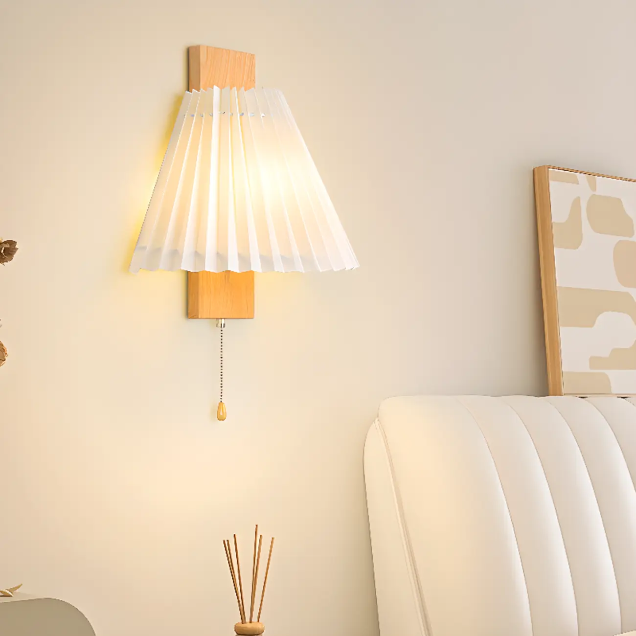 Modern Wooden Wall Light with Pleated Shade for Home Image - 4 | homeyfad