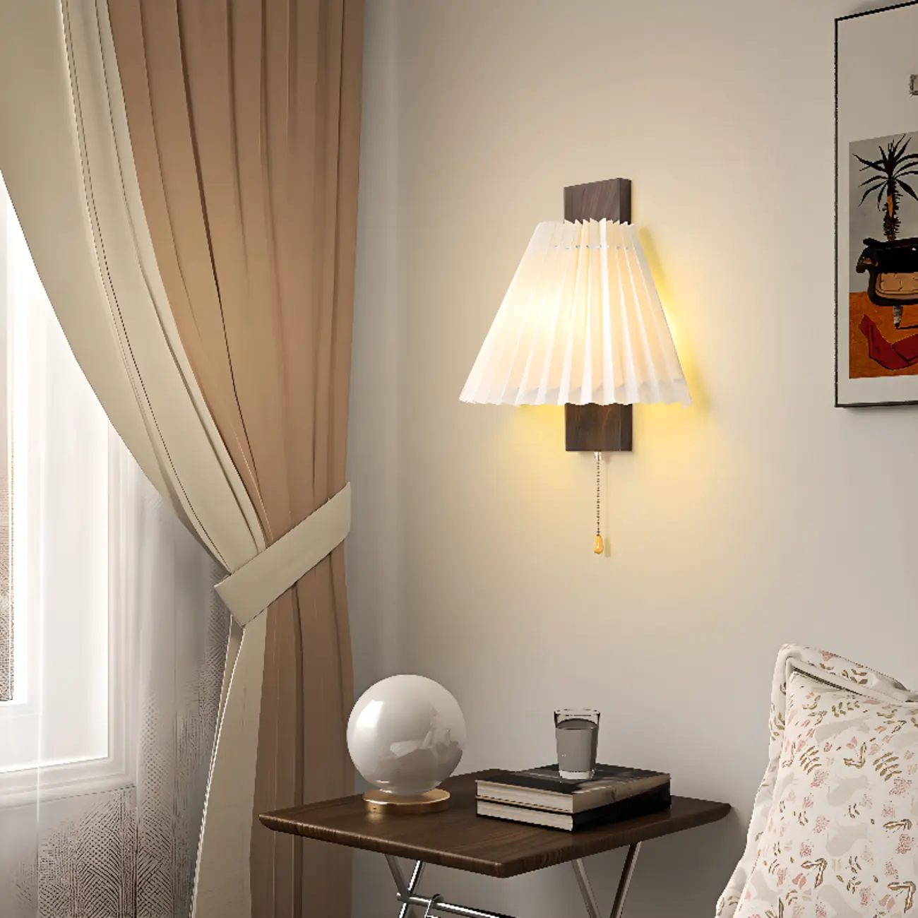 Modern Wooden Wall Light with Pleated Shade for Home Image - 1 | homeyfad