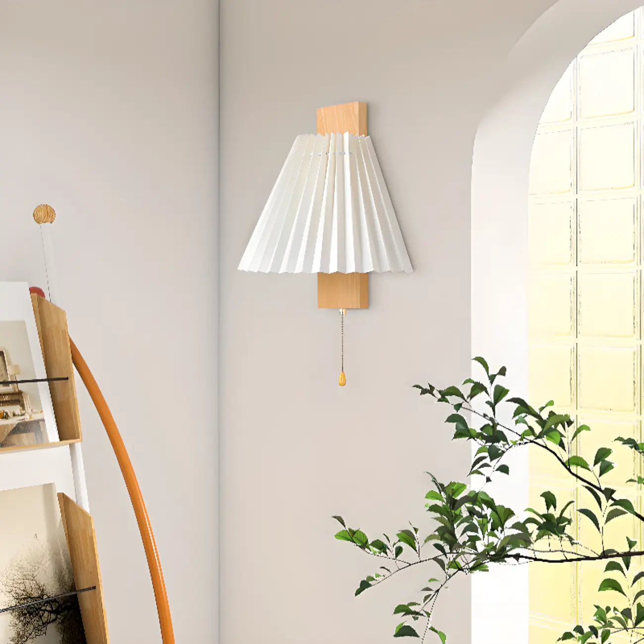 Modern Wooden Wall Light with Pleated Shade for Home Image - 6 | homeyfad