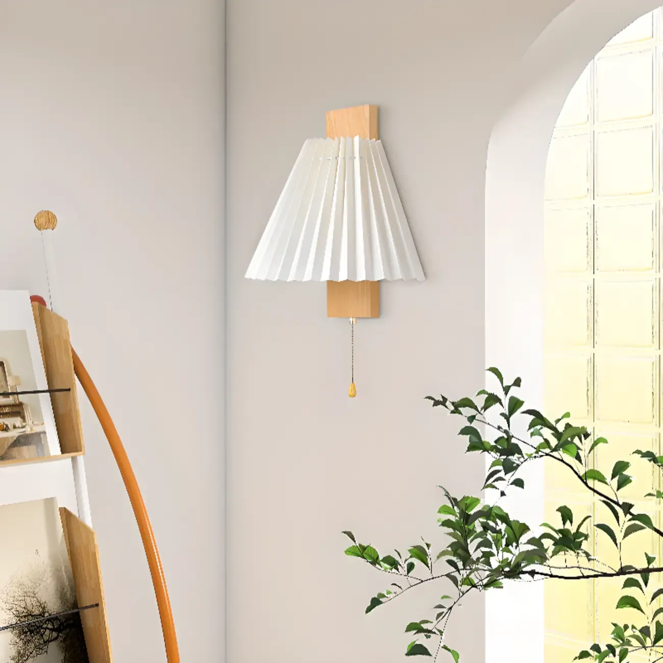 Modern Wooden Wall Light with Pleated Shade for Home Image - 6