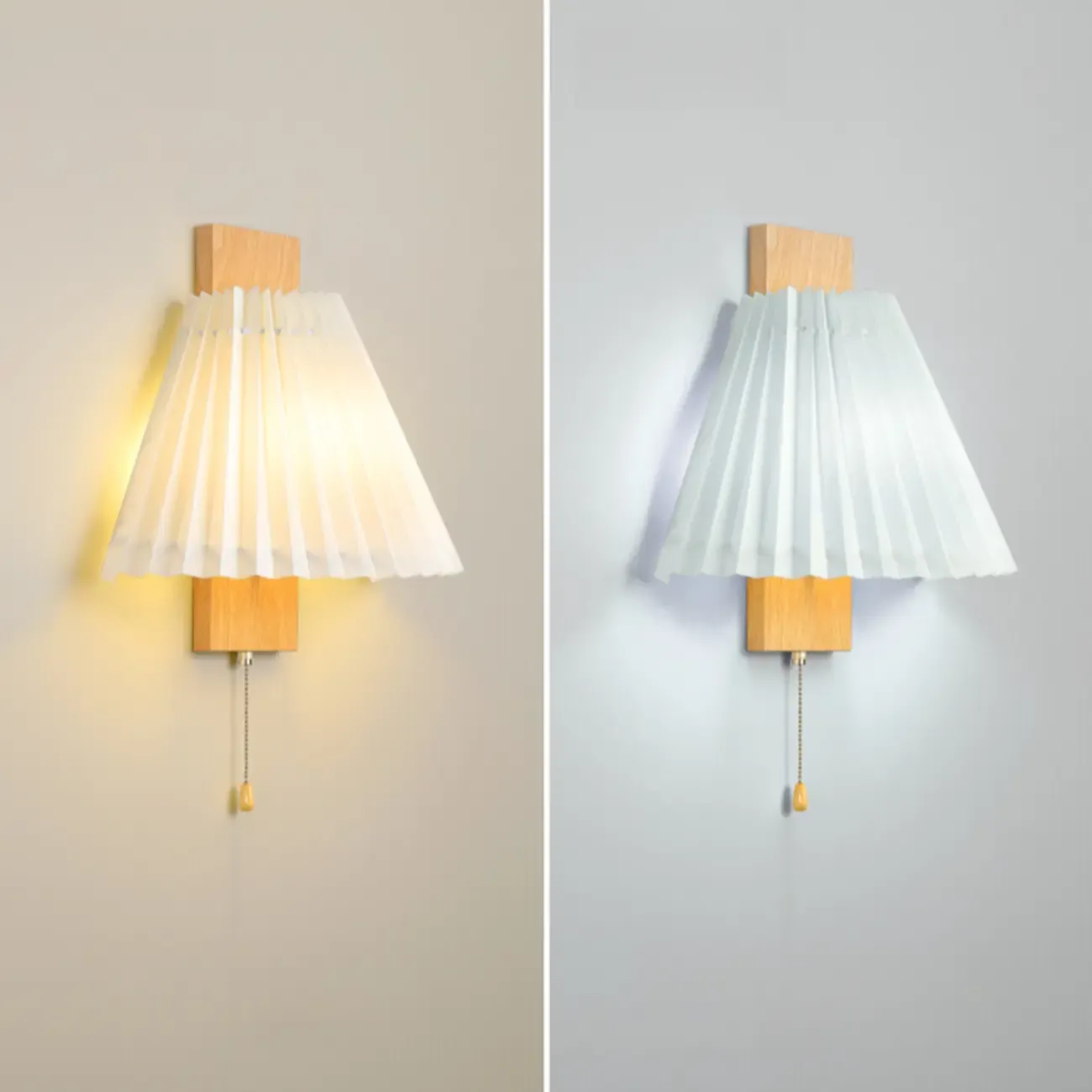 Modern Wooden Wall Light with Pleated Shade for Home Image - 8