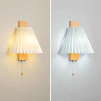 Modern Wooden Wall Light with Pleated Shade for Home Image - 8