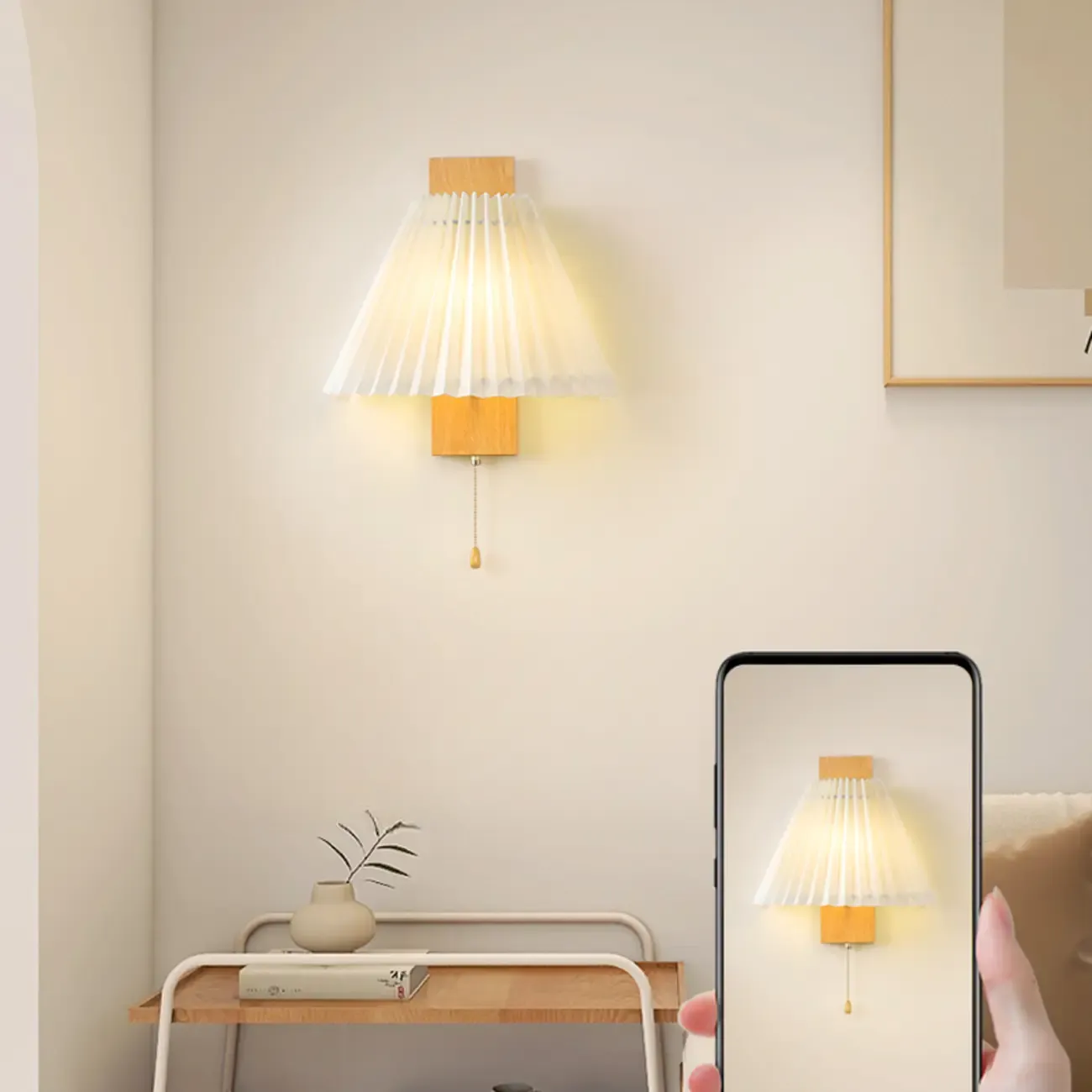 Modern Wooden Wall Light with Pleated Shade for Home Image - 15