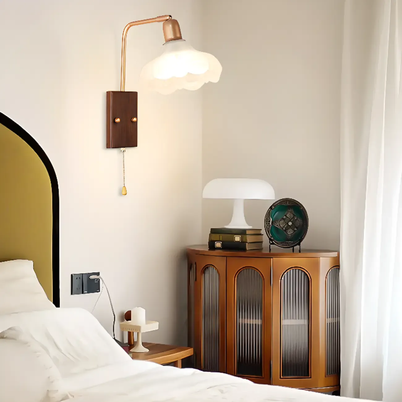 Modern Swing Arm Wall Light with White Glass Shade Image - 3