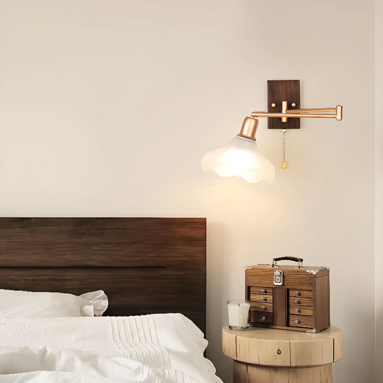 Modern Swing Arm Wall Light with White Glass Shade Image - 1