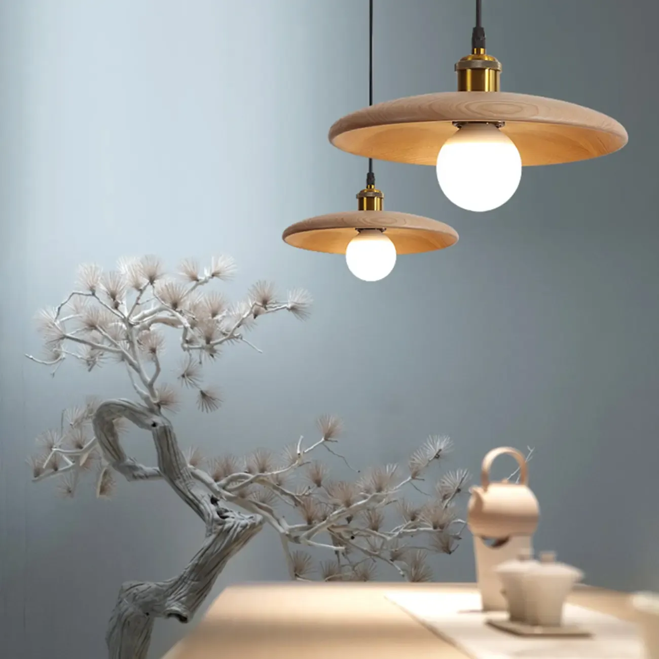 Modern Rustic Wood Round Adjustable Island Light for Dining Area Image - 4