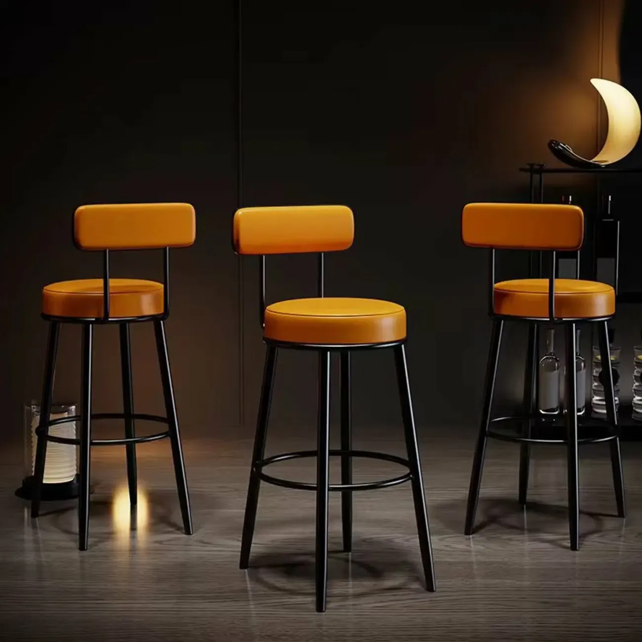 Modern Round Iron Open-Back Upholstered Bar Stool Image - 1