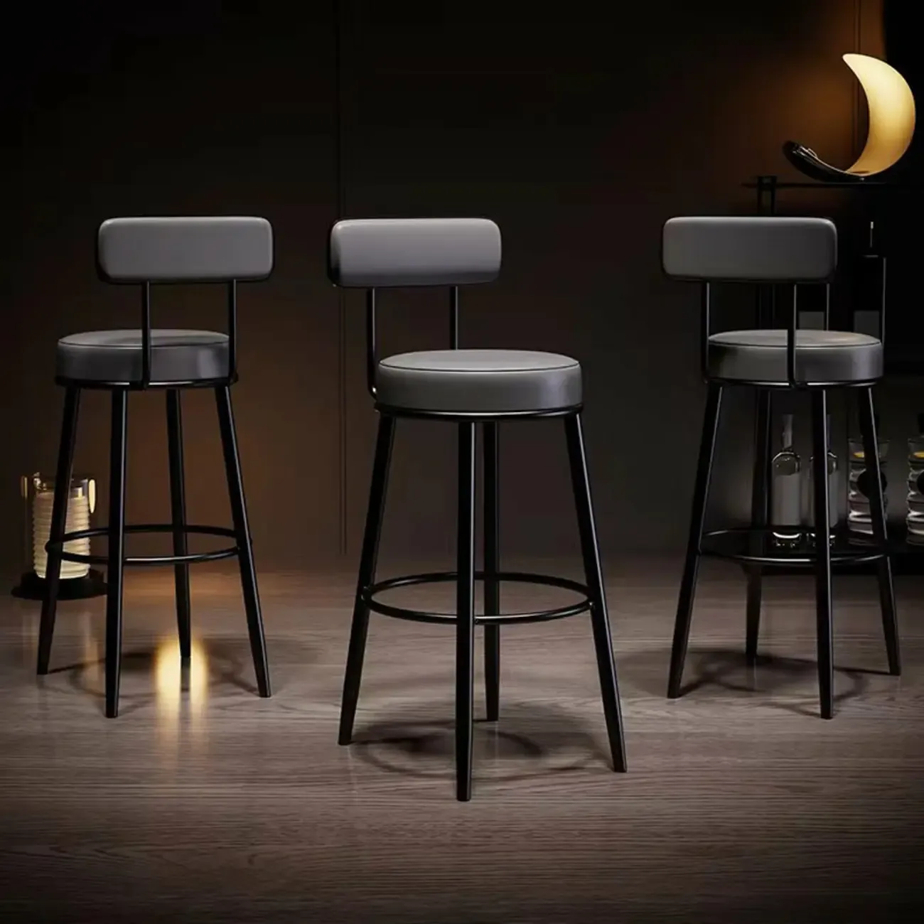Modern Round Iron Open-Back Upholstered Bar Stool Image - 2