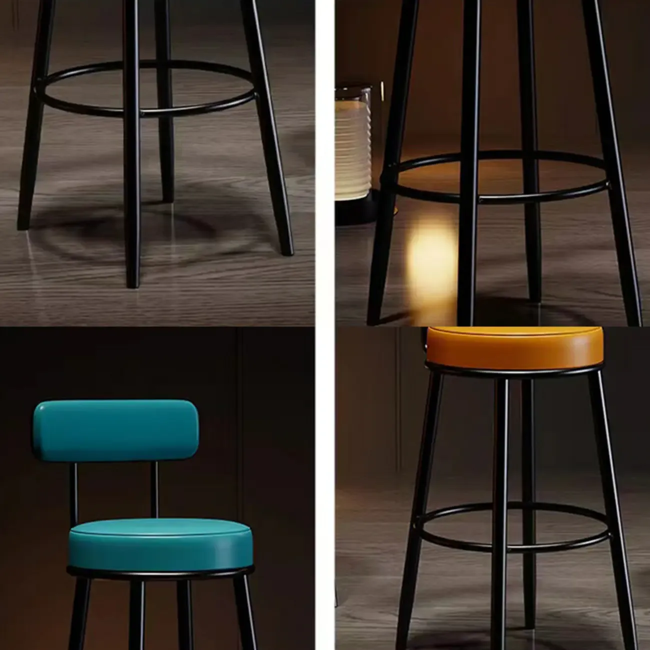 Modern Round Iron Open-Back Upholstered Bar Stool Image - 7